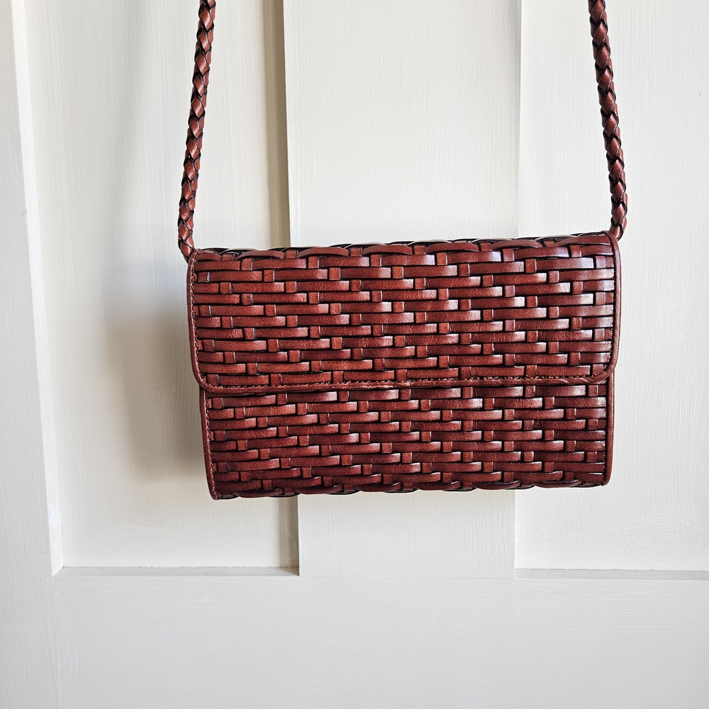 Elegant Vintage Woven Leather Crossbody Clutch Bag - Rich Brown